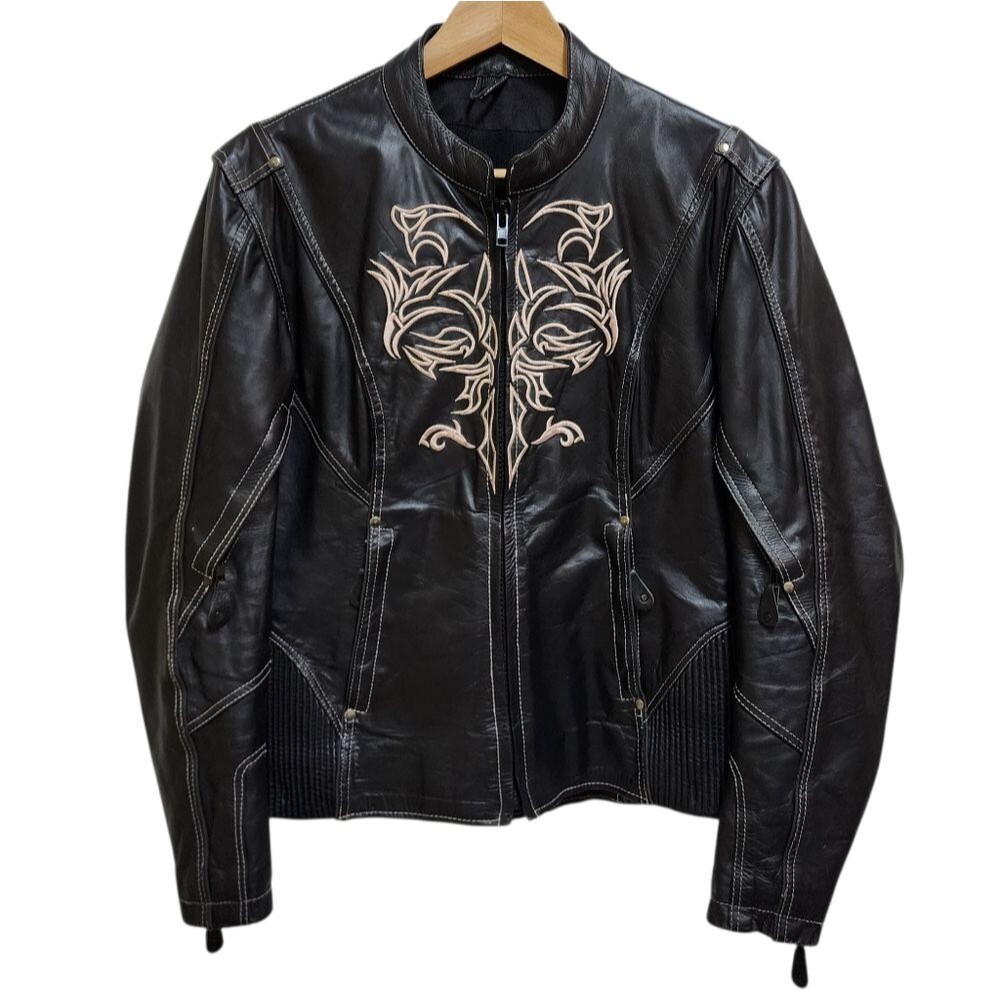 Milwaukee Leather Jacket Womens M Black Beige Embroidered Biker Moto Conceal Zip